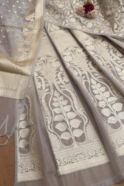 Elegant Grey Banarasi Organza Silk Unstitched Lehenga Set - Luxurion World