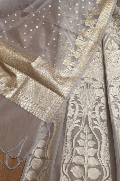 Elegant Grey Banarasi Organza Silk Unstitched Lehenga Set - Luxurion World