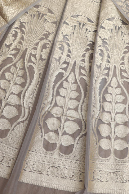 Elegant Grey Banarasi Organza Silk Unstitched Lehenga Set - Luxurion World