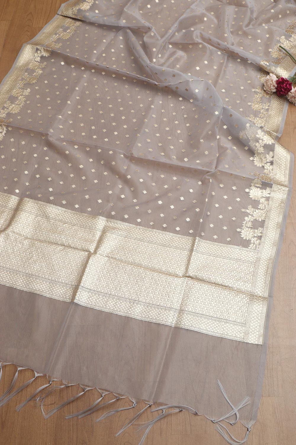 Elegant Grey Banarasi Organza Silk Unstitched Lehenga Set - Luxurion World