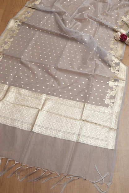 Elegant Grey Banarasi Organza Silk Unstitched Lehenga Set - Luxurion World