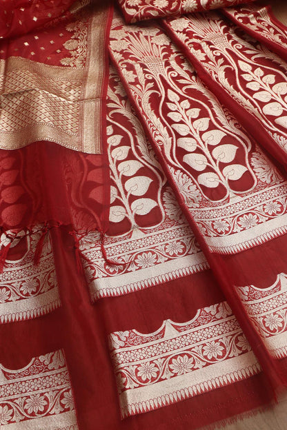 Red Banarasi Organza Silk Unstitched Lehenga Set - Elegant Style - Luxurion World