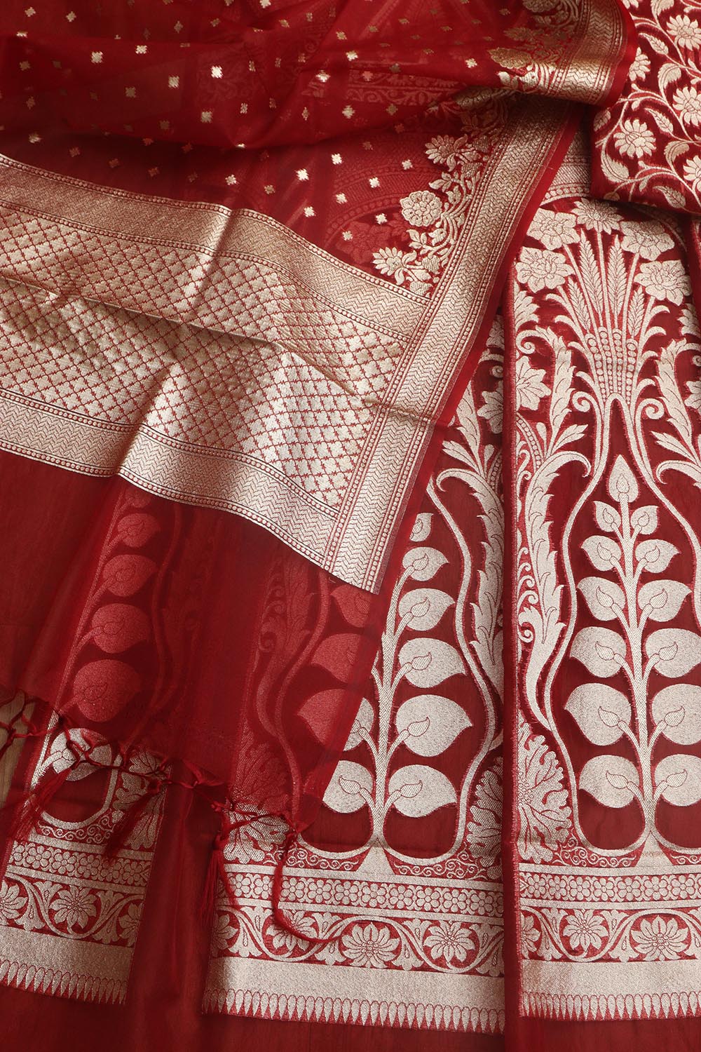 Red Banarasi Organza Silk Unstitched Lehenga Set - Elegant Style - Luxurion World