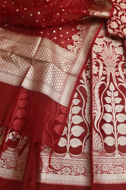 Red Banarasi Organza Silk Unstitched Lehenga Set - Elegant Style - Luxurion World