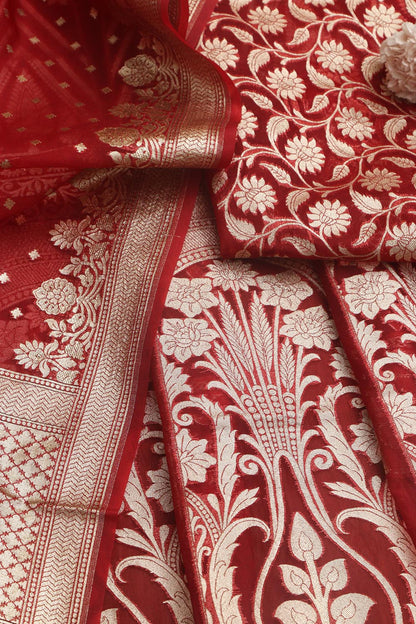 Red Banarasi Organza Silk Unstitched Lehenga Set - Elegant Style - Luxurion World