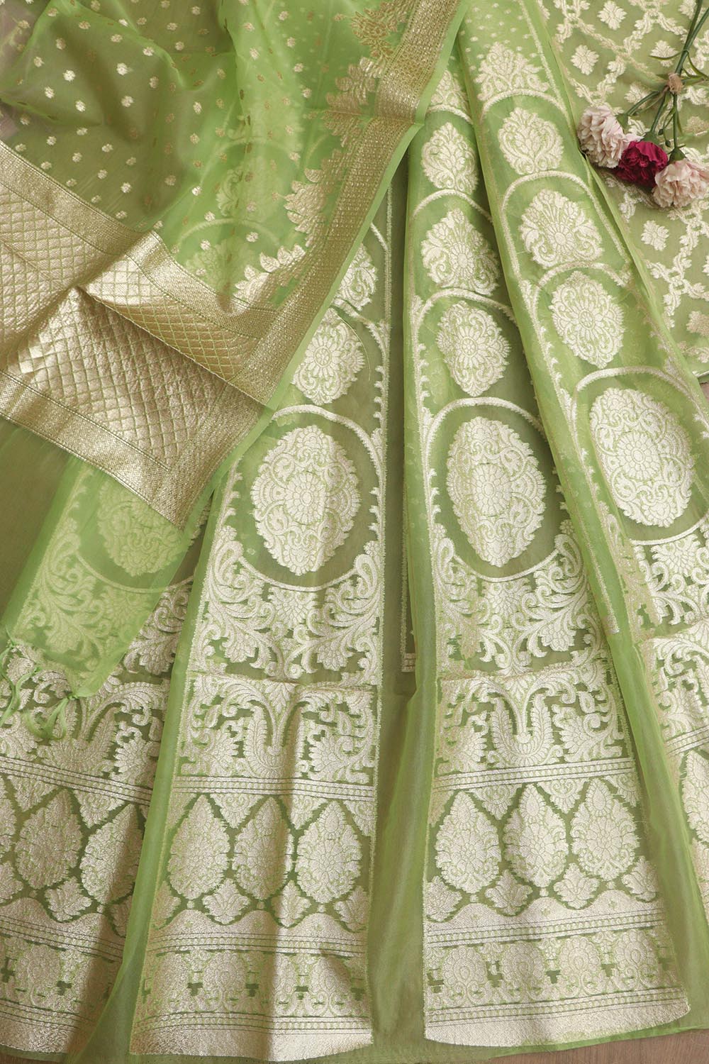 Green Banarasi Organza Silk Unstitched Lehenga Set - Elegant Style - Luxurion World