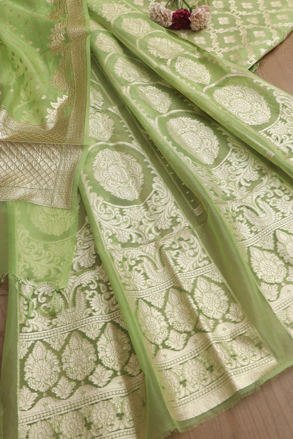 Green Banarasi Organza Silk Unstitched Lehenga Set - Elegant Style - Luxurion World