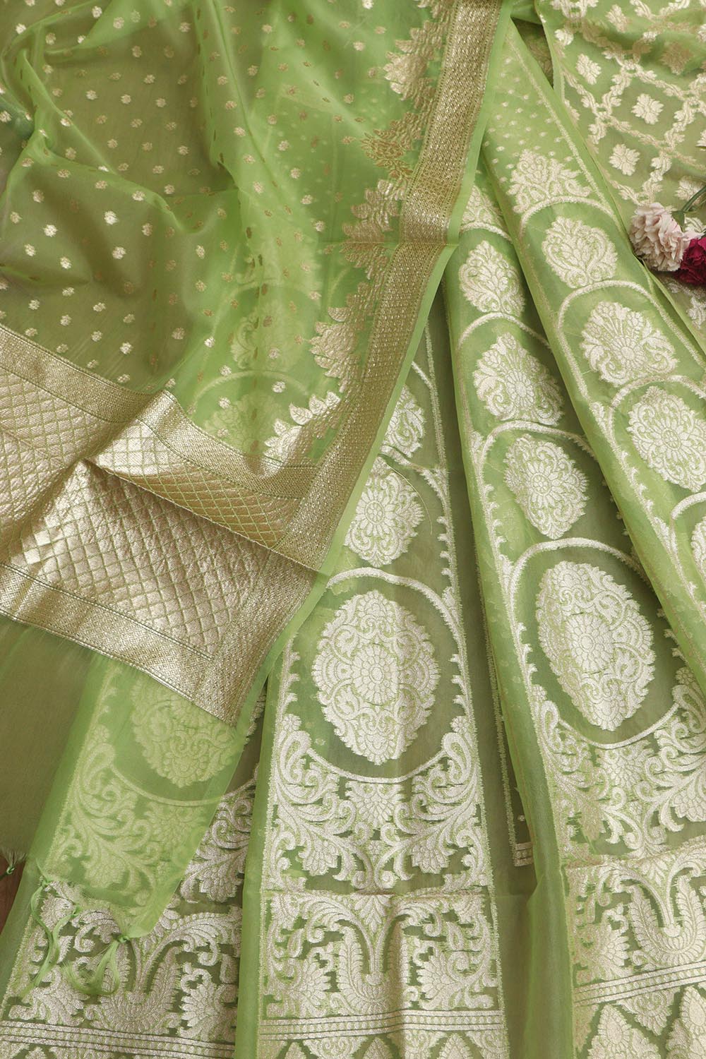 Green Banarasi Organza Silk Unstitched Lehenga Set - Elegant Style - Luxurion World