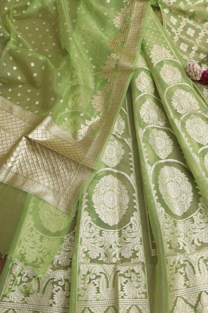 Green Banarasi Organza Silk Unstitched Lehenga Set - Elegant Style - Luxurion World