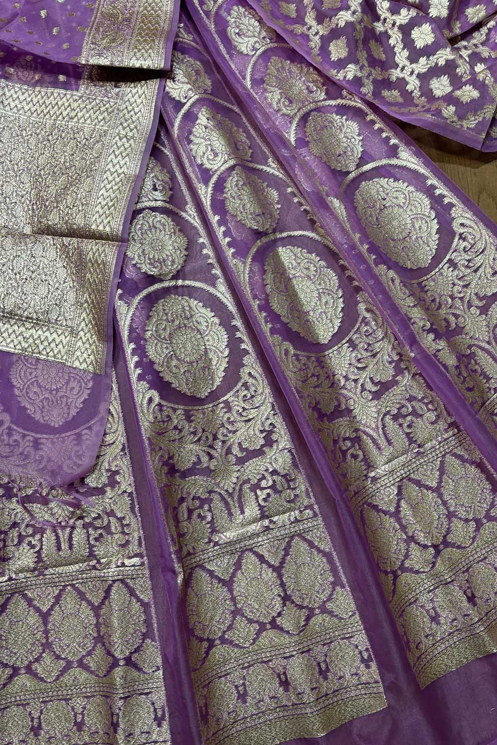 Exquisite Purple Banarasi Organza Silk Unstitched Lehenga Set - Luxurion World