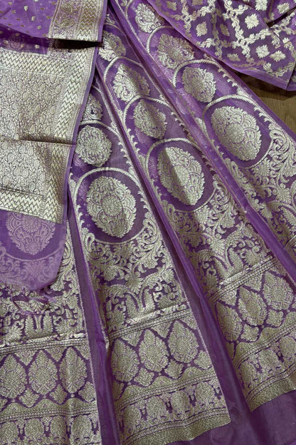 Exquisite Purple Banarasi Organza Silk Unstitched Lehenga Set - Luxurion World