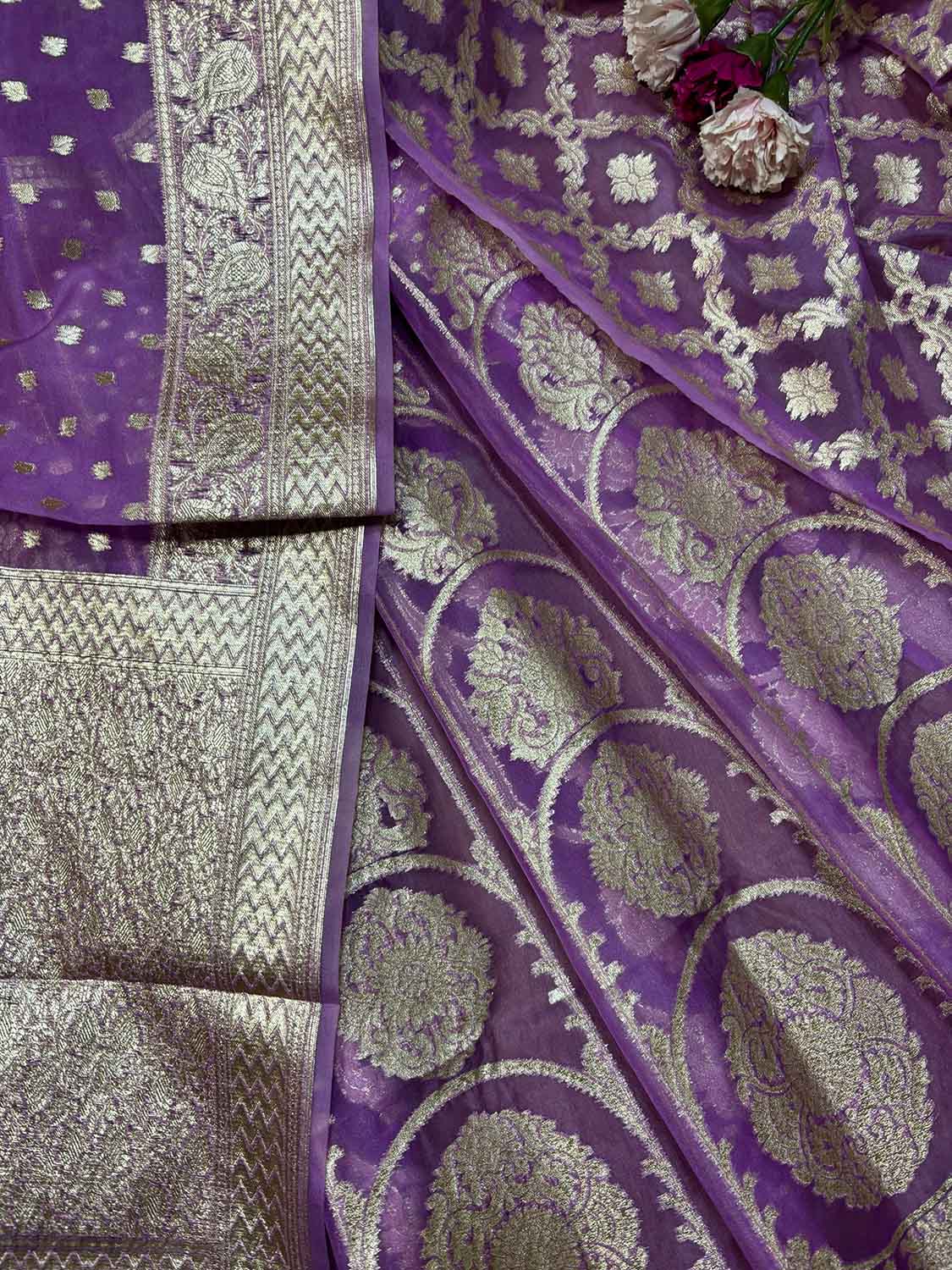 Exquisite Purple Banarasi Organza Silk Unstitched Lehenga Set - Luxurion World