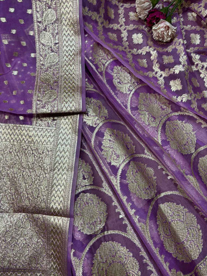 Exquisite Purple Banarasi Organza Silk Unstitched Lehenga Set - Luxurion World