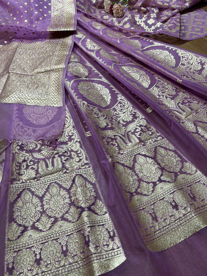 Exquisite Purple Banarasi Organza Silk Unstitched Lehenga Set - Luxurion World