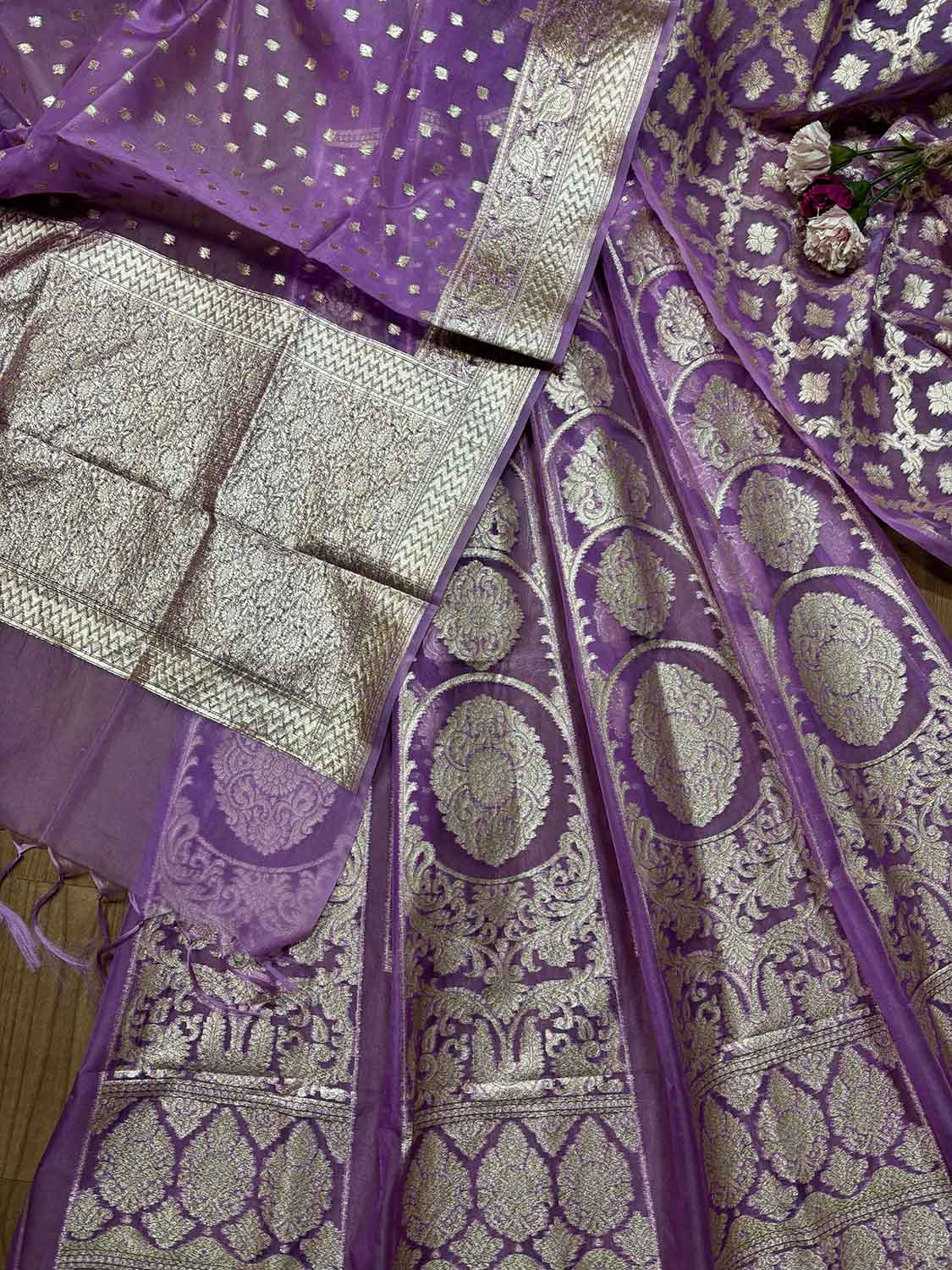 Exquisite Purple Banarasi Organza Silk Unstitched Lehenga Set - Luxurion World