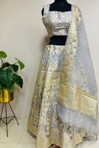 Elegant Grey Banarasi Organza Silk Stitched Lehenga Set - Luxurion World