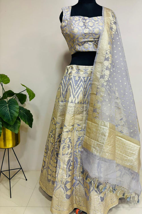 Elegant Grey Banarasi Organza Silk Stitched Lehenga Set - Luxurion World