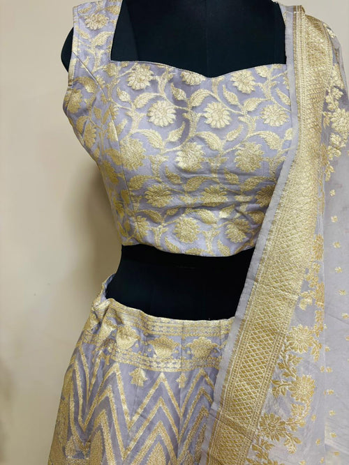 Elegant Grey Banarasi Organza Silk Stitched Lehenga Set - Luxurion World
