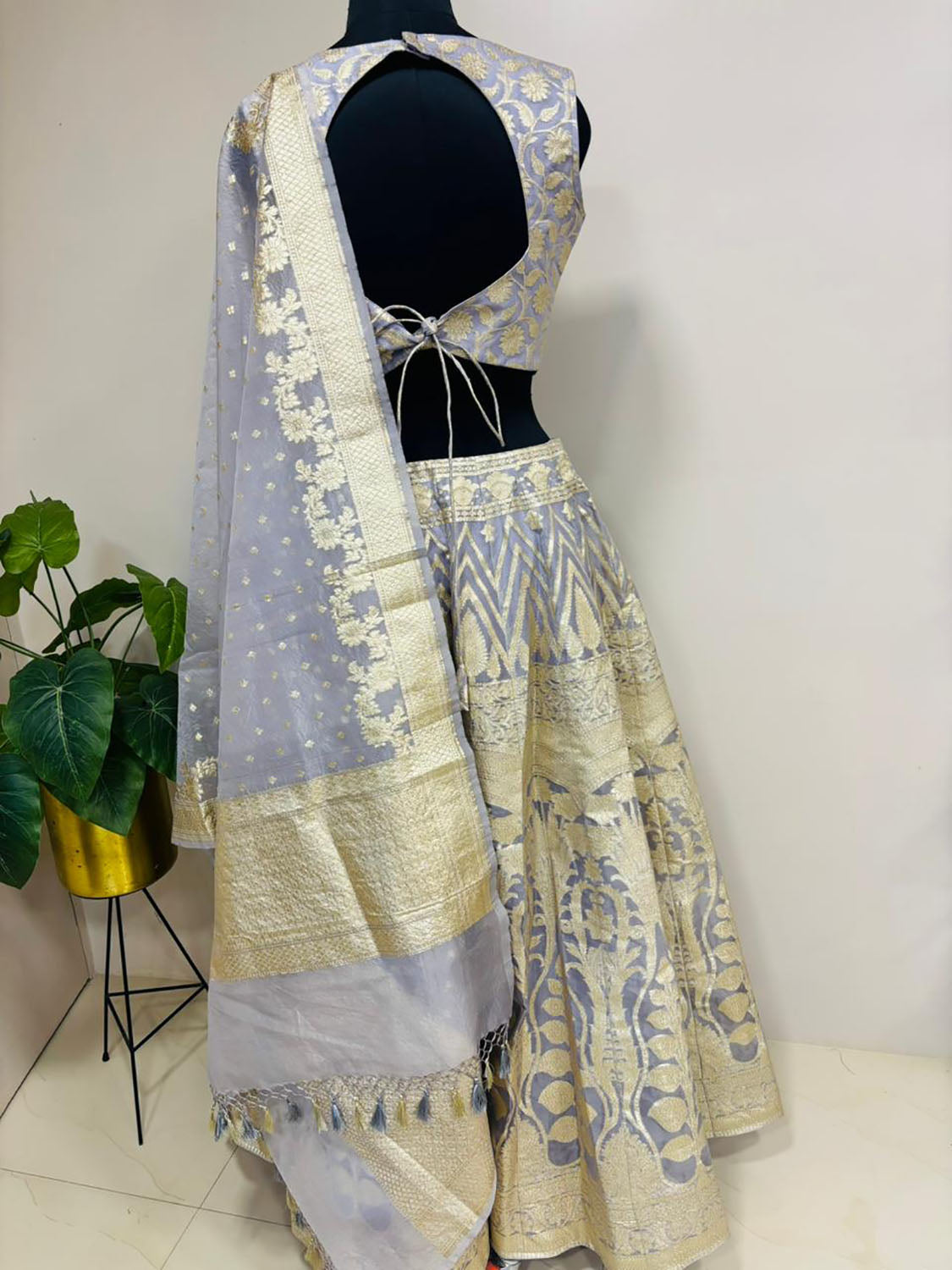 Elegant Grey Banarasi Organza Silk Stitched Lehenga Set - Luxurion World