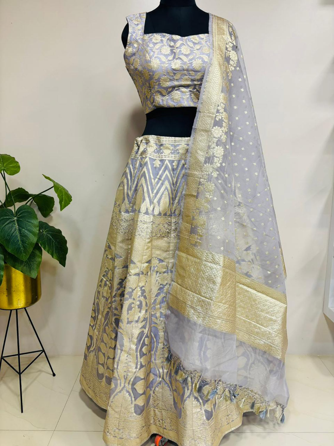 Elegant Grey Banarasi Organza Silk Stitched Lehenga Set - Luxurion World