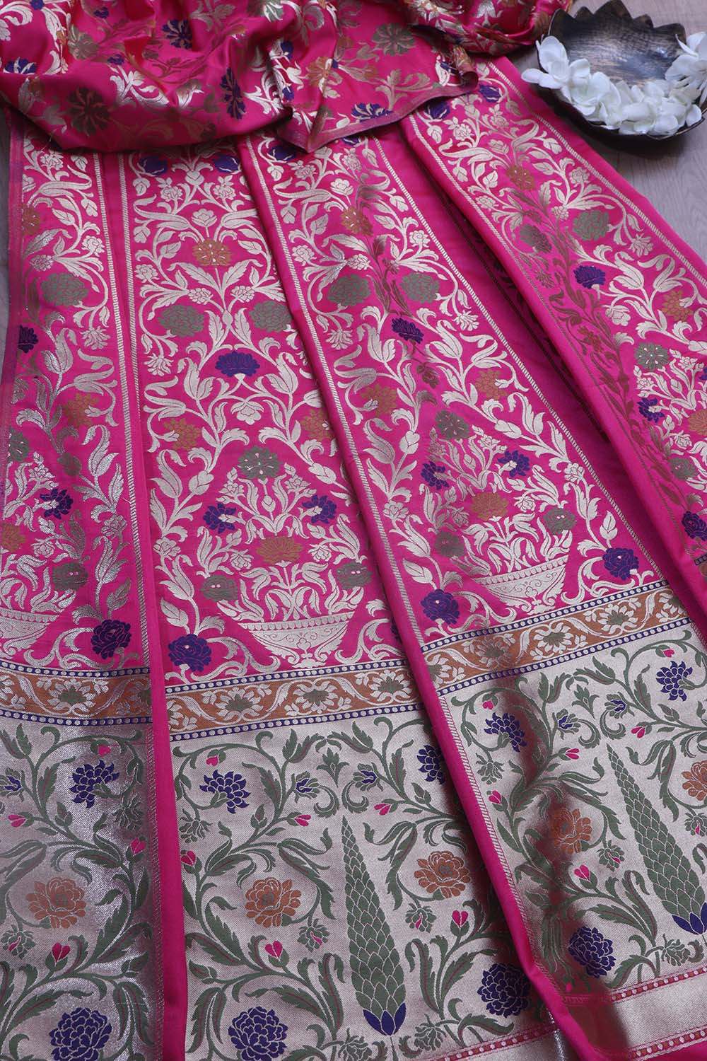 Exquisite Pink Banarasi Silk Unstitched Meenakari Lehenga Set - Luxurion World