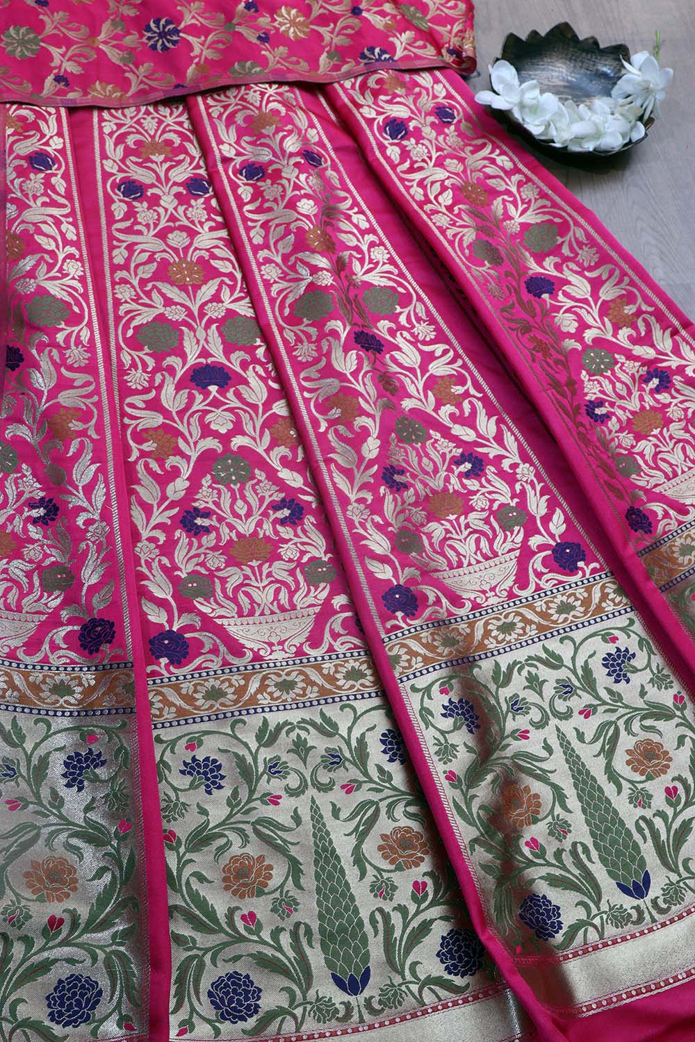 Exquisite Pink Banarasi Silk Unstitched Meenakari Lehenga Set - Luxurion World