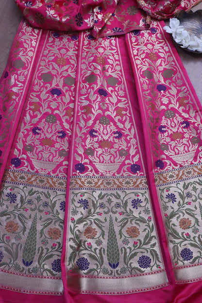 Exquisite Pink Banarasi Silk Unstitched Meenakari Lehenga Set - Luxurion World
