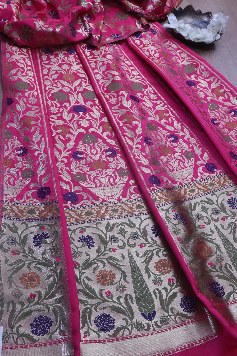 Exquisite Pink Banarasi Silk Unstitched Meenakari Lehenga Set - Luxurion World