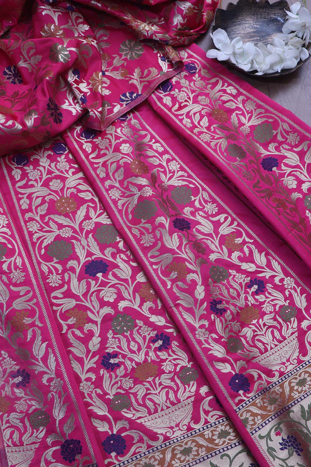 Exquisite Pink Banarasi Silk Unstitched Meenakari Lehenga Set - Luxurion World