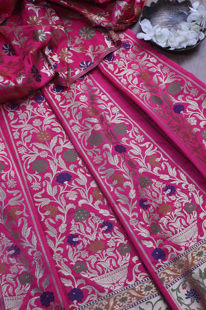 Exquisite Pink Banarasi Silk Unstitched Meenakari Lehenga Set - Luxurion World