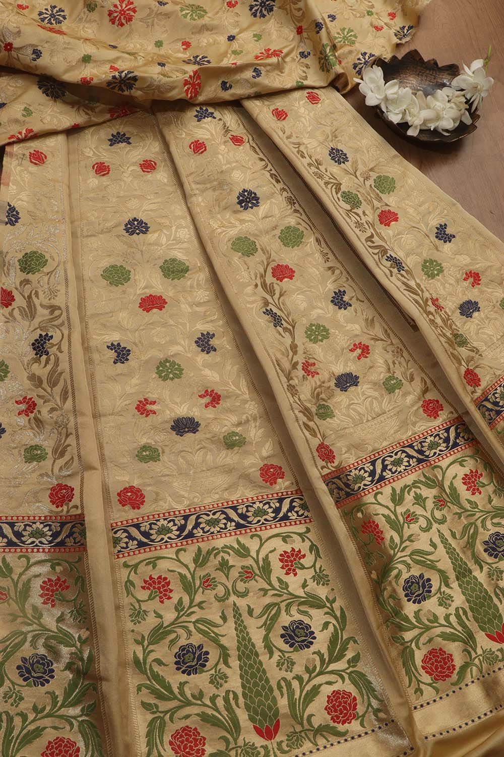 Cream Banarasi Silk Unstitched Meenakari Lehenga Set - Luxurion World