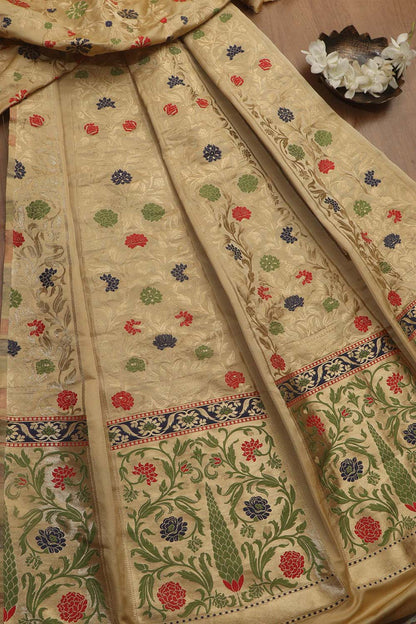 Cream Banarasi Silk Unstitched Meenakari Lehenga Set - Luxurion World