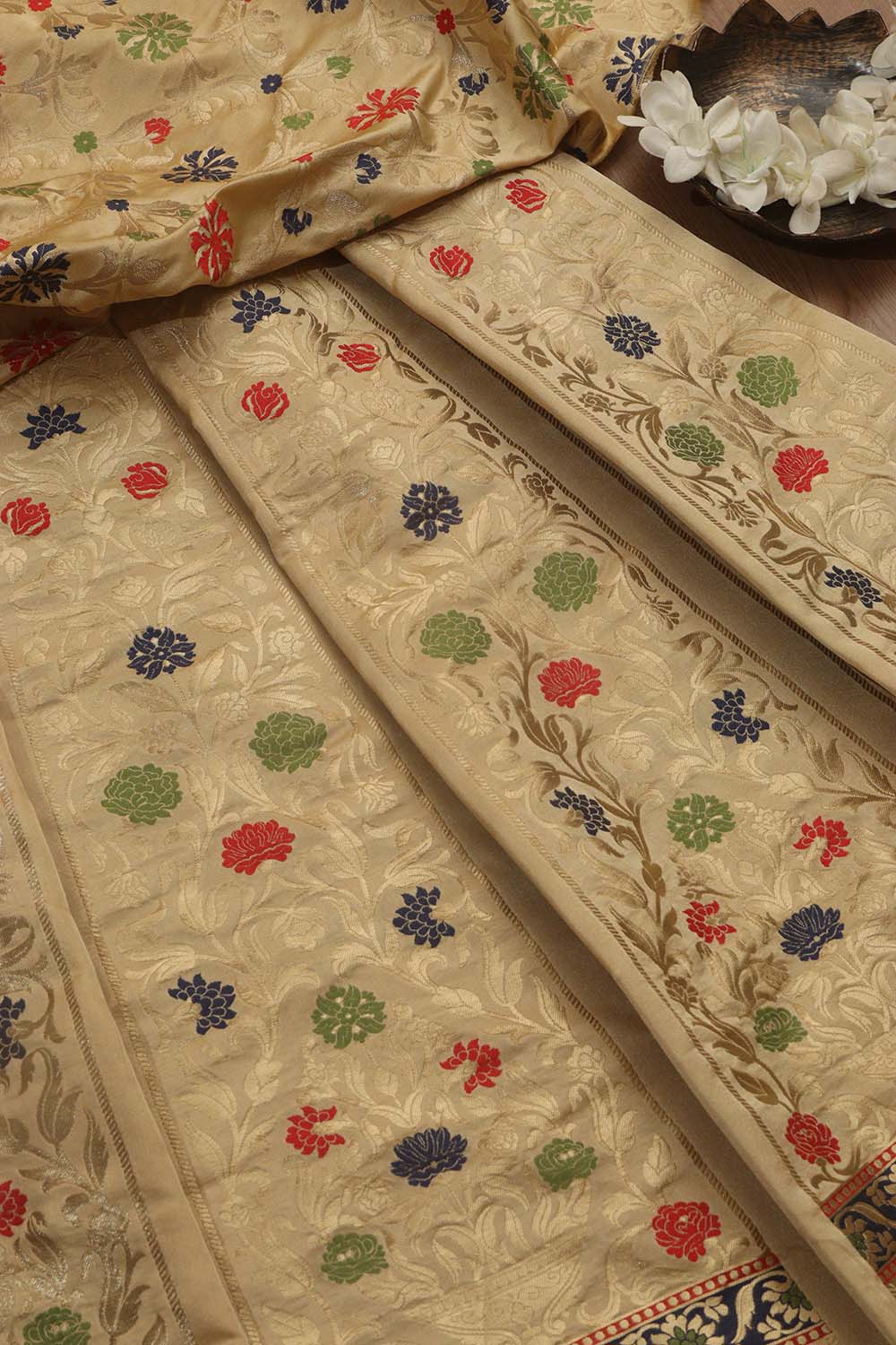 Cream Banarasi Silk Unstitched Meenakari Lehenga Set - Luxurion World