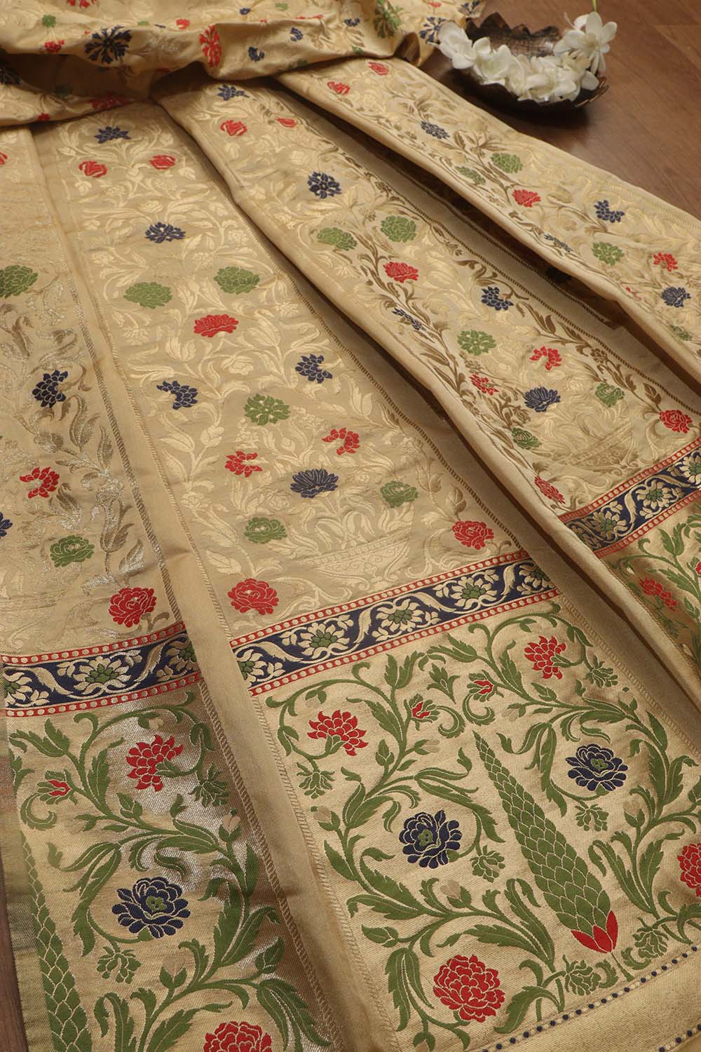 Cream Banarasi Silk Unstitched Meenakari Lehenga Set - Luxurion World