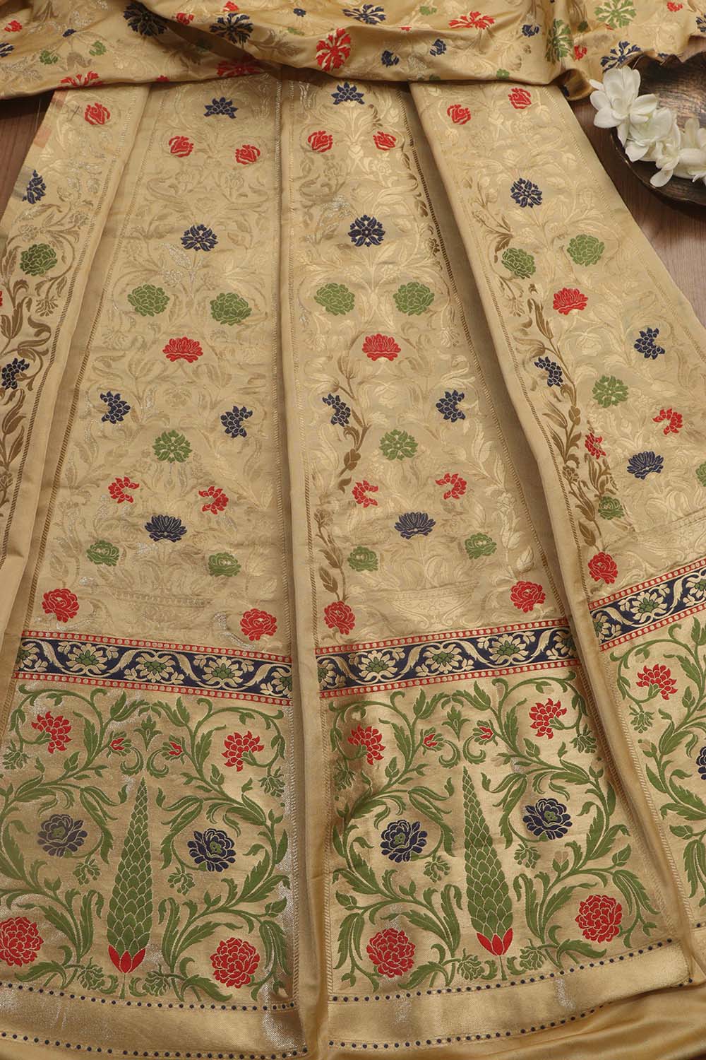 Cream Banarasi Silk Unstitched Meenakari Lehenga Set - Luxurion World