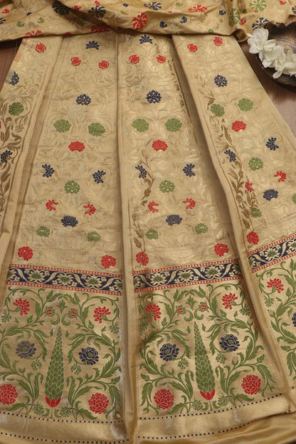 Cream Banarasi Silk Unstitched Meenakari Lehenga Set - Luxurion World