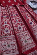 Exquisite Red Banarasi Silk Unstitched Meenakari Lehenga Set - Luxurion World