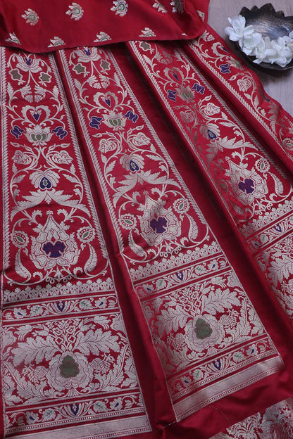 Exquisite Red Banarasi Silk Unstitched Meenakari Lehenga Set - Luxurion World