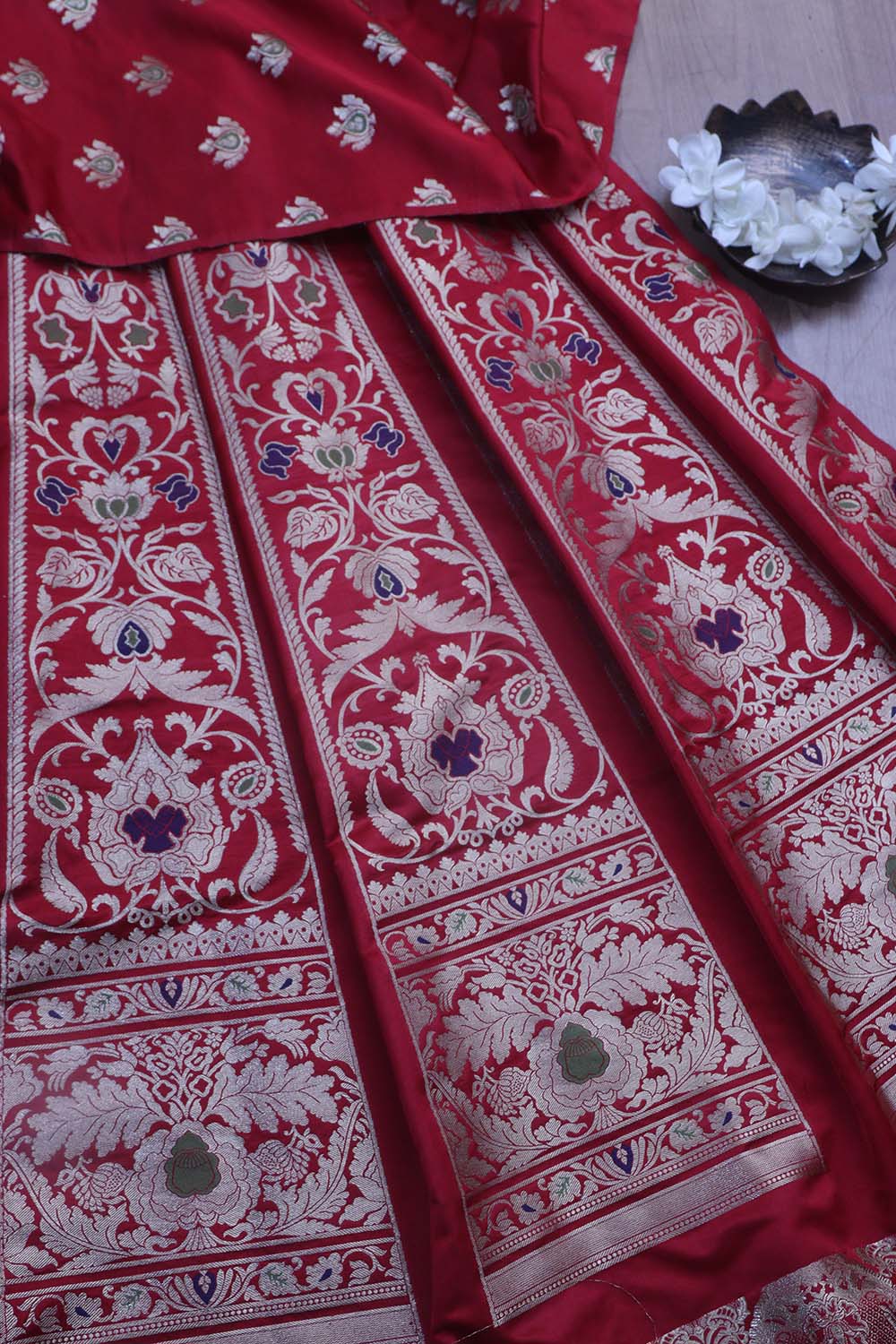 Exquisite Red Banarasi Silk Unstitched Meenakari Lehenga Set - Luxurion World
