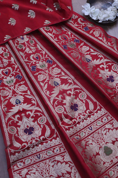 Exquisite Red Banarasi Silk Unstitched Meenakari Lehenga Set - Luxurion World