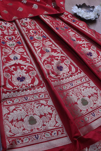 Exquisite Red Banarasi Silk Unstitched Meenakari Lehenga Set - Luxurion World