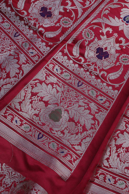 Exquisite Red Banarasi Silk Unstitched Meenakari Lehenga Set - Luxurion World