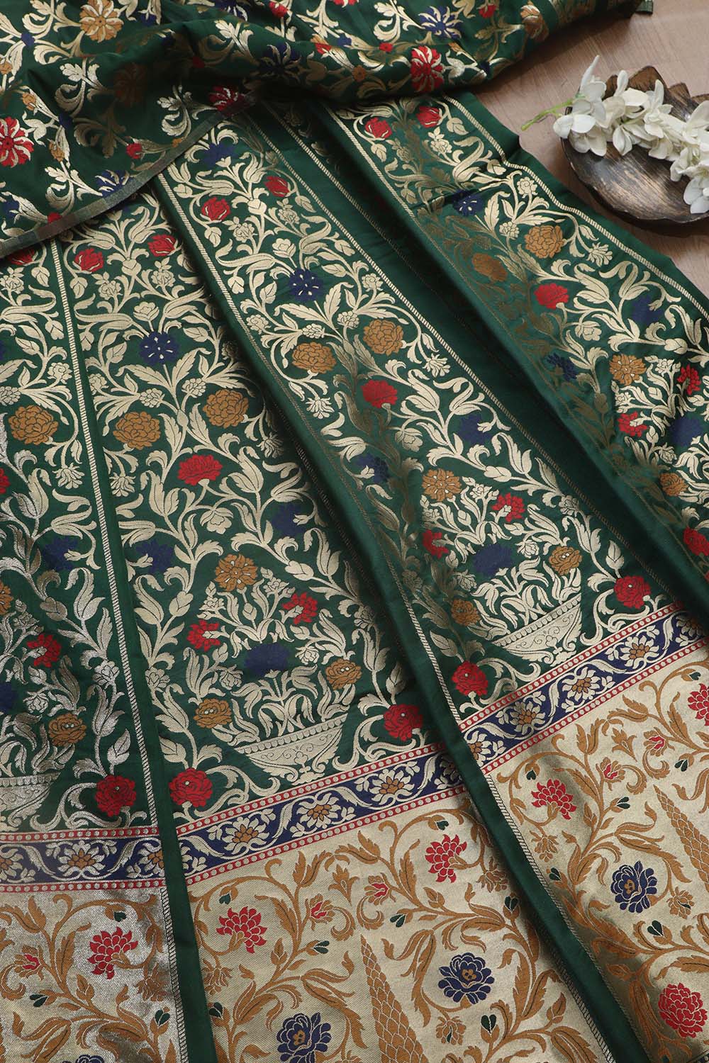 Elegant Green Banarasi Silk Unstitched Meenakari Lehenga Set - Luxurion World