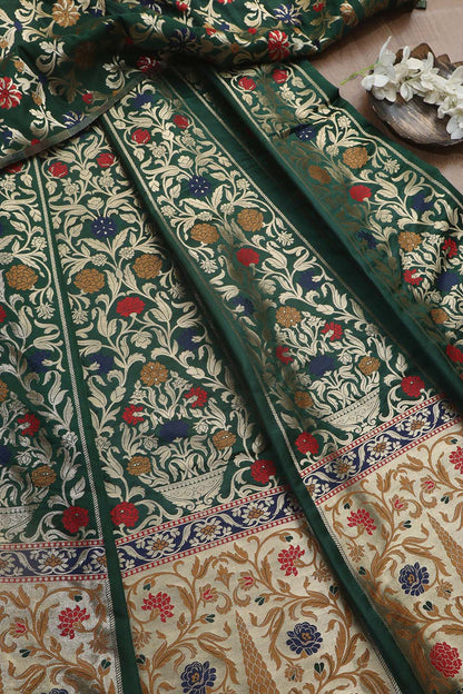 Elegant Green Banarasi Silk Unstitched Meenakari Lehenga Set - Luxurion World