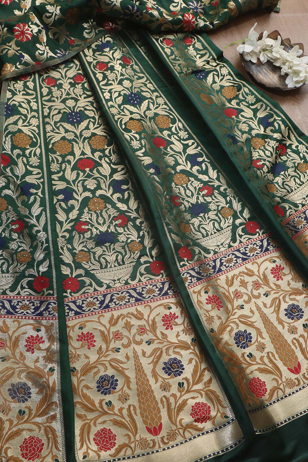 Elegant Green Banarasi Silk Unstitched Meenakari Lehenga Set - Luxurion World