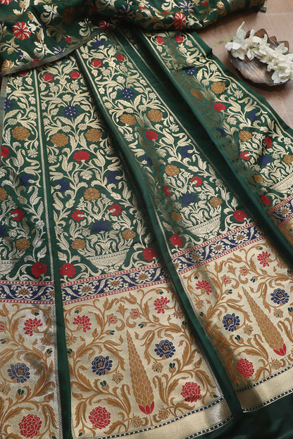 Elegant Green Banarasi Silk Unstitched Meenakari Lehenga Set - Luxurion World