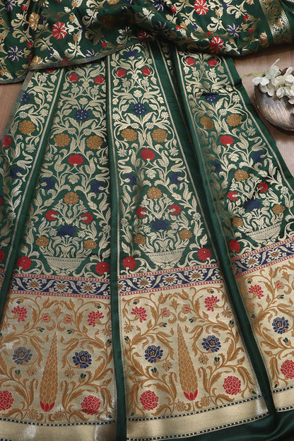 Elegant Green Banarasi Silk Unstitched Meenakari Lehenga Set - Luxurion World