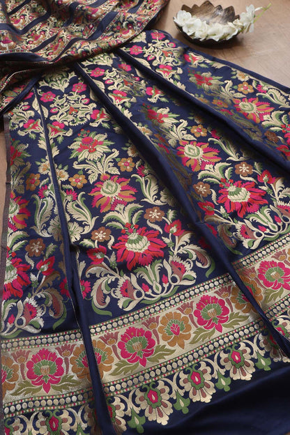 Blue Banarasi Silk Unstitched Meenakari Lehenga Set - Luxurion World