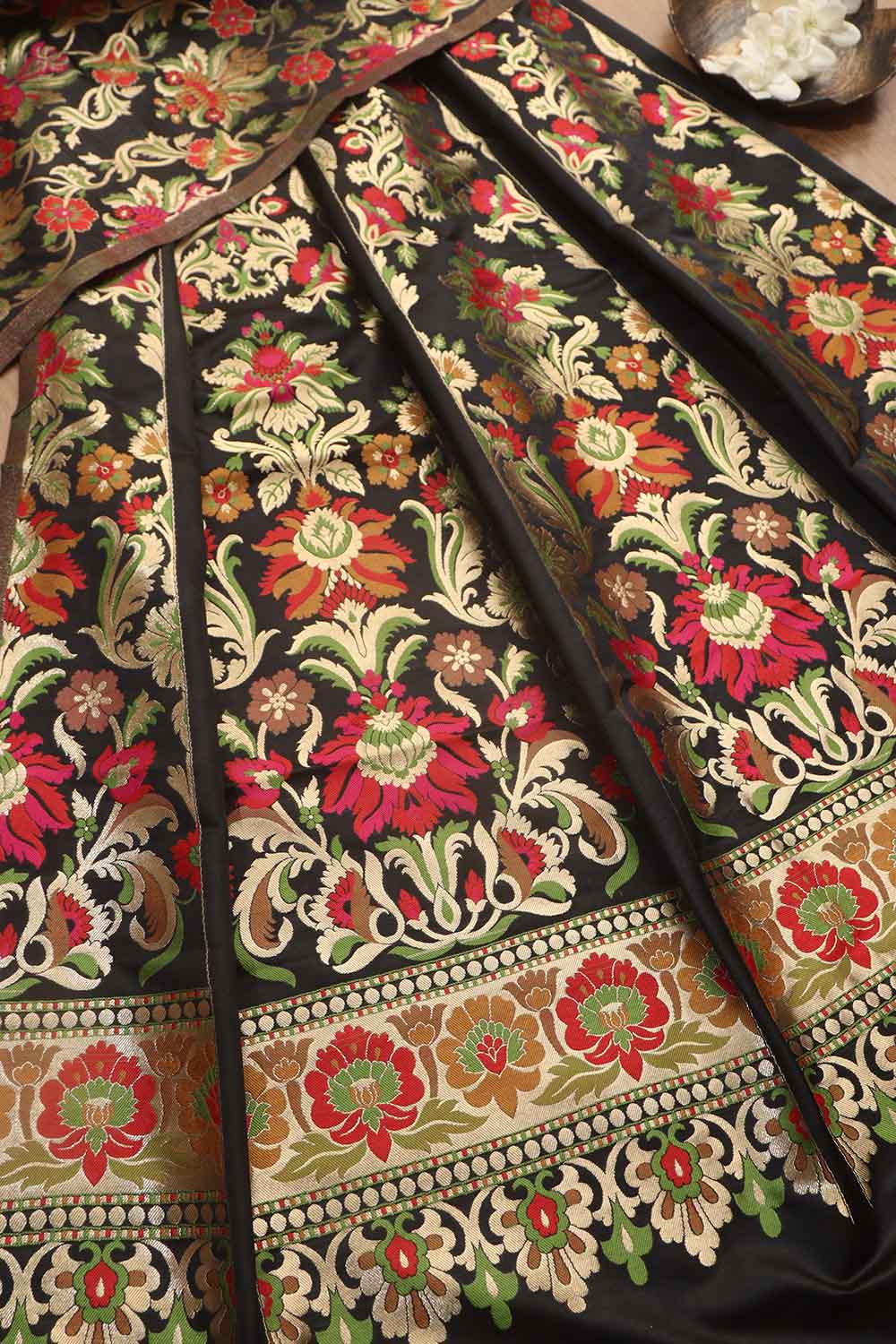 Stunning Black Banarasi Silk Unstitched Meenakari Lehenga Set - Luxurion World