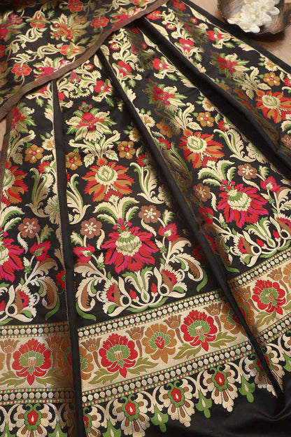 Stunning Black Banarasi Silk Unstitched Meenakari Lehenga Set - Luxurion World
